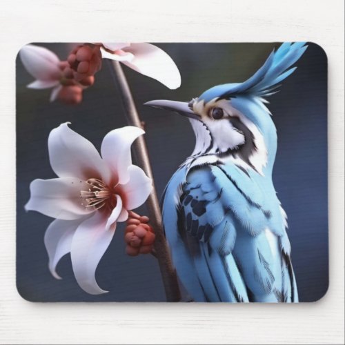 Bluejay and Flowers Mouse Pad