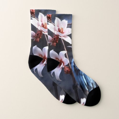 Bluejay and Flowers Socks
