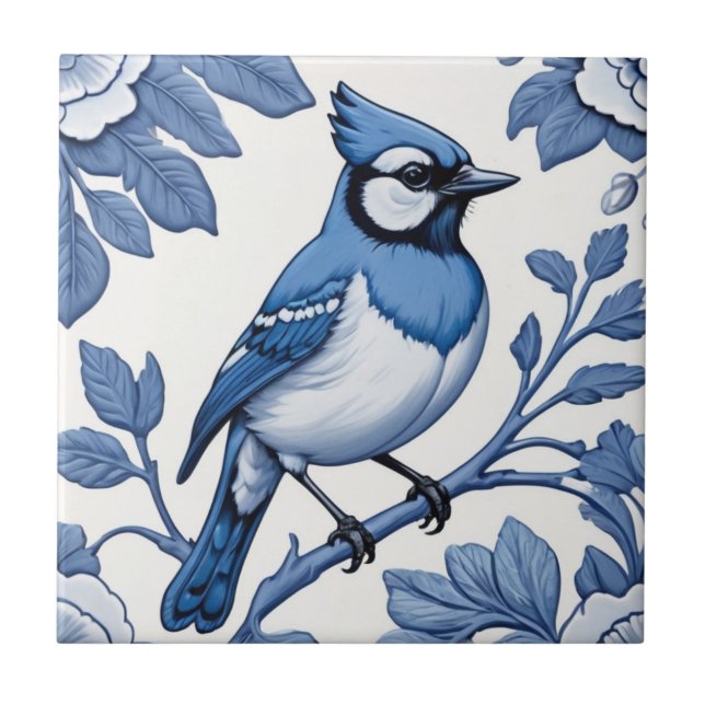 BlueJay Bird Delft Blue & White Asian Floral Jay Ceramic Tile (Front)