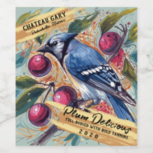 Bluejay bird plums tree artistic homemade wine label