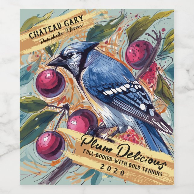 Bluejay bird plums tree artistic homemade wine label (Single Label)