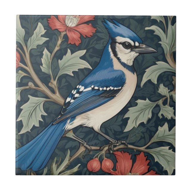 Bluejay Bird William Morris style Right Blue Jay Ceramic Tile (Front)