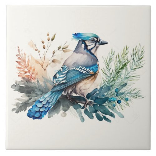 Bluejay On A Branch Watercolor Ceramic Tile