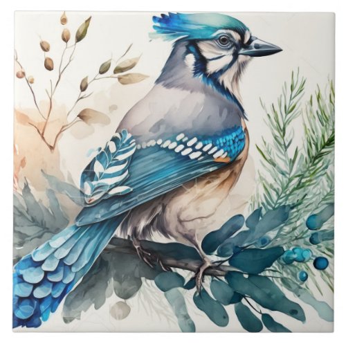 Bluejay On A Branch Watercolor Ceramic Tile