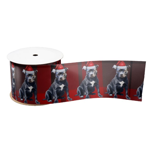Bluenose Pit Holiday Red Plaid Funny Dog Christmas Satin Ribbon (Spool)