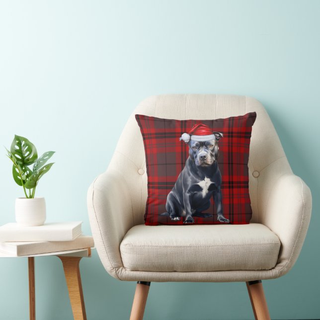 Bluenose Pitbull Dog Red Plaid Christmas Holiday Throw Pillow (Chair)