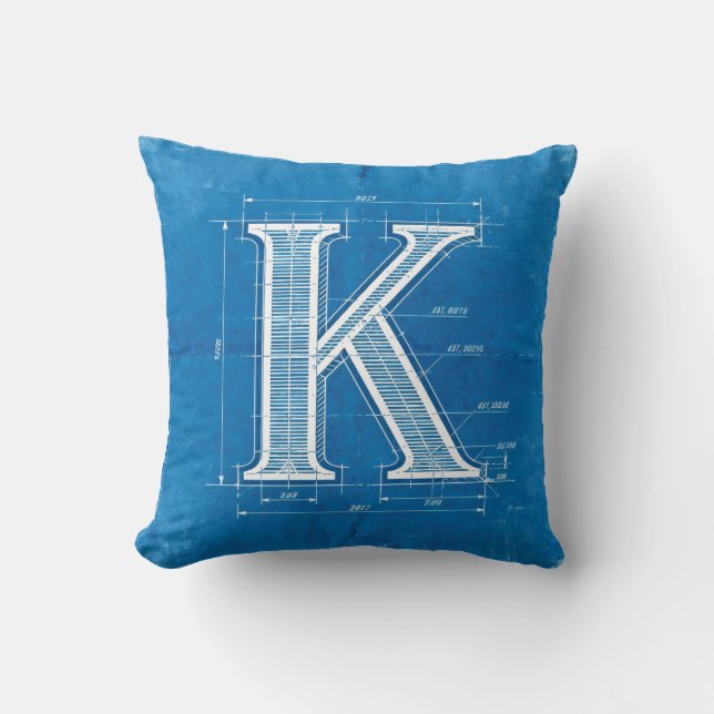 Blueprint Monogram Letter K Throw Pillow (Front)