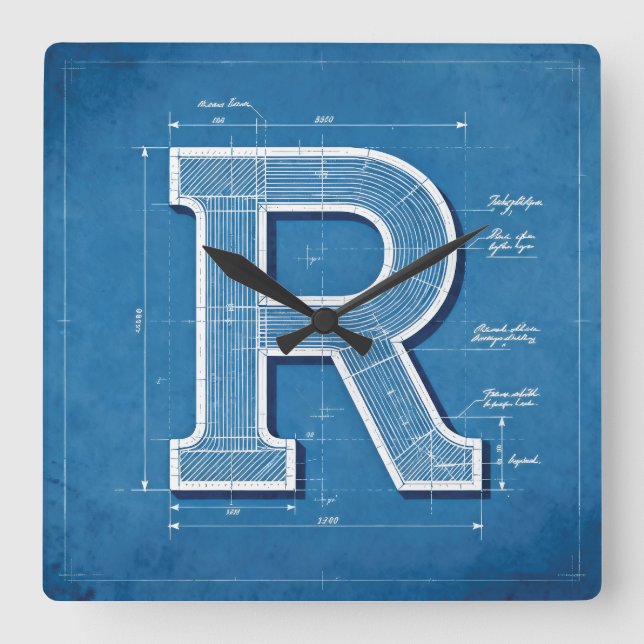 Blueprint Monogram Letter R Square Wall Clock (Front)