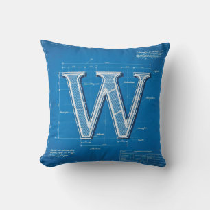 Blueprint Monogram Letter W Throw Pillow
