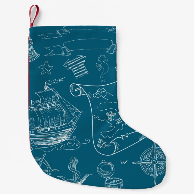 Blueprint Nautical Graphic Pattern Small Christmas Stocking (Front)