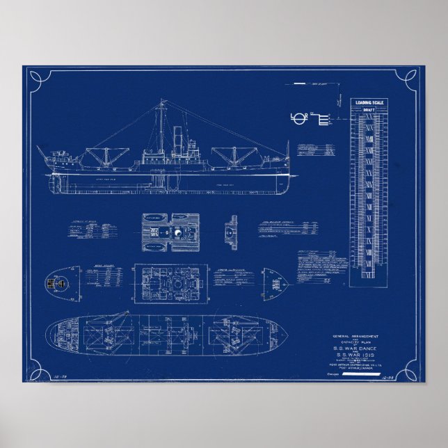 Blueprint of Lake Freighter SS War Dance Print (Front)