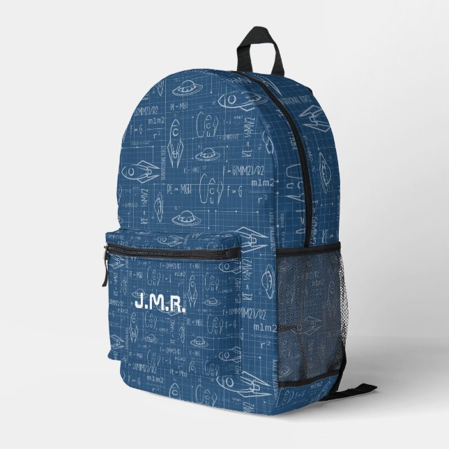 Blueprint Outer space Science Custom Monogram Printed Backpack (Back Corner Right)