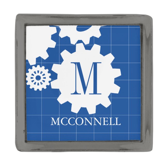 Blueprint Style Engineer Gear Monogram | Name Gunmetal Finish Lapel Pin (Front)