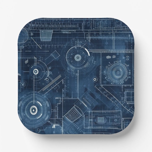 Blueprint Technical Drawing Geometric Paper Plates (Front)