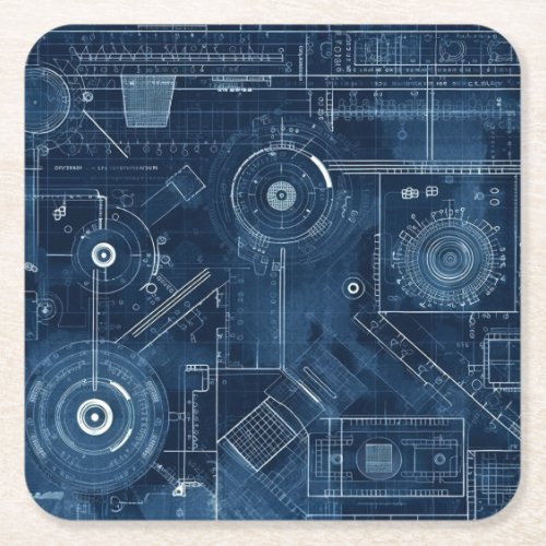 Blueprint Technical Drawing Geometric Square Paper Coaster