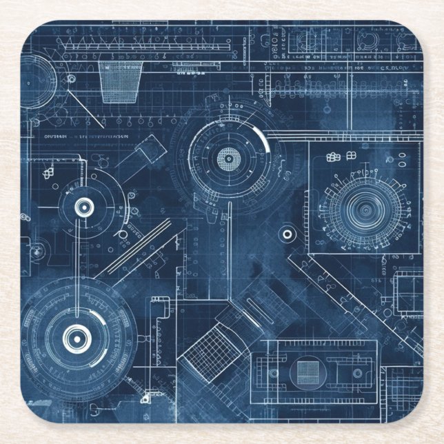 Blueprint Technical Drawing Geometric Square Paper Coaster (Front)