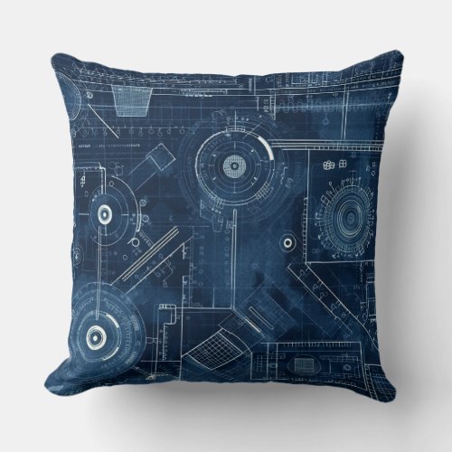 Blueprint Technical Drawing Geometric Throw Pillow