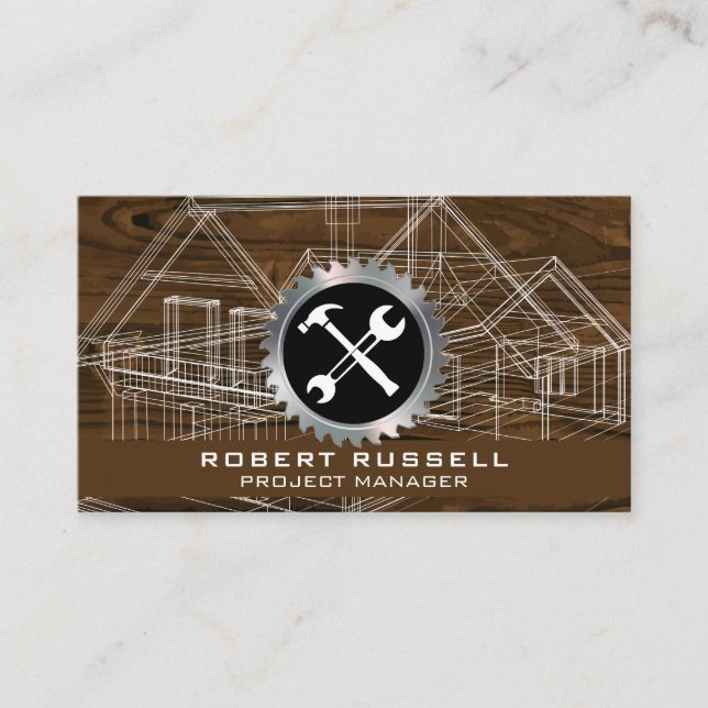 Blueprint | Wood Grain Circular Saw Hammer Wrench Business Card (Front)