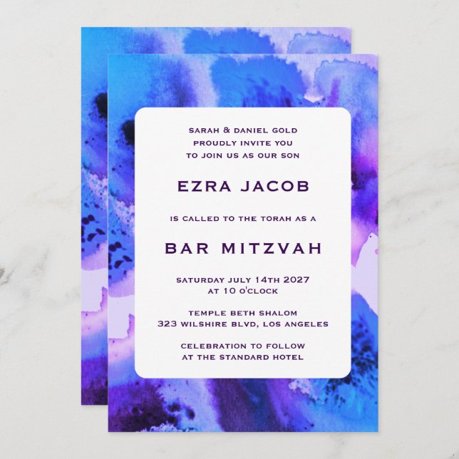 BluePurpl Watercolor Custom QRCode Bar/Bat Mitzvah Invitation (Front/Back)