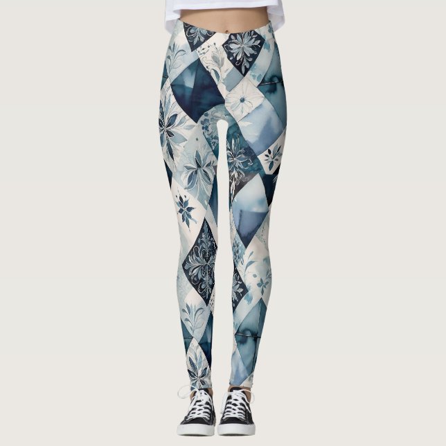 Blues And Creams In A Floral Diamonds Pattern Leggings (Front)