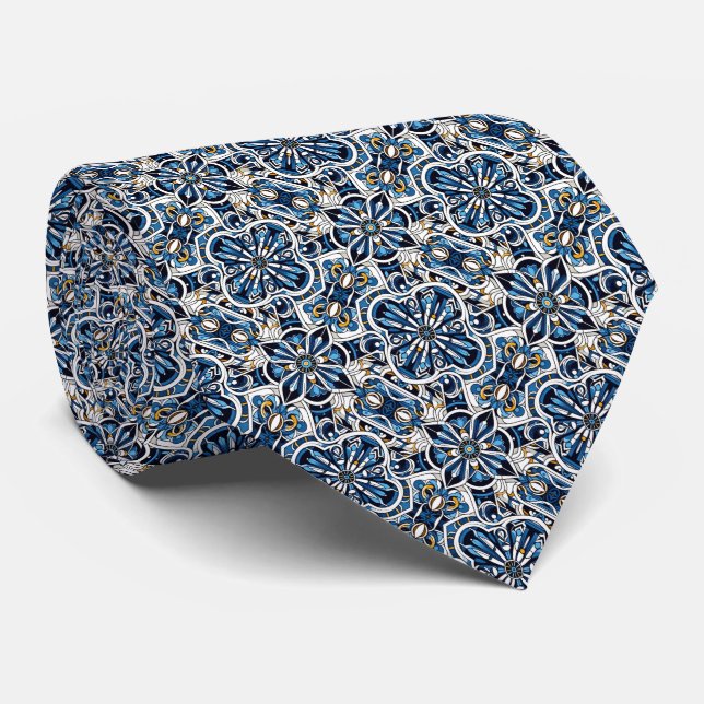 Blues, Gold & White Art Deco Pattern   Neck Tie (Rolled)
