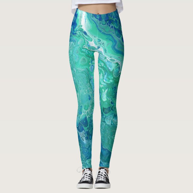Blues & Greens Abstract Leggings - "Atlantis" (Front)
