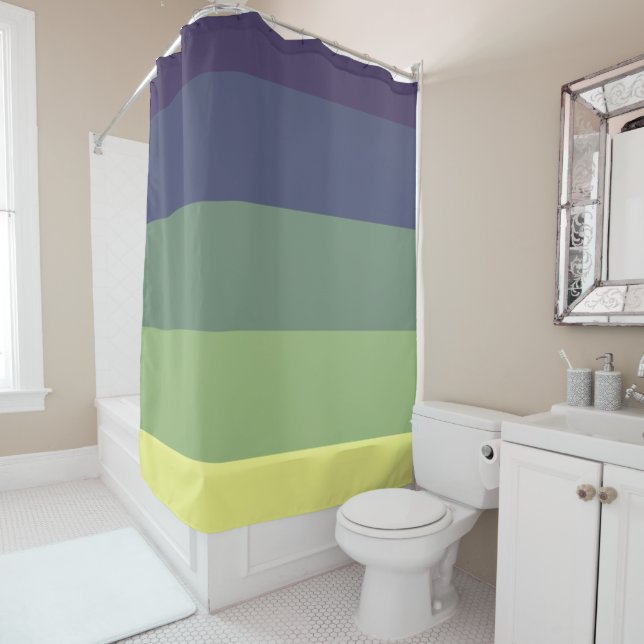 Blues + Greens Color Block Stripe Shower Curtain (In Situ)