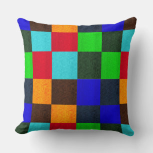 Blues Greens Multi Colored Mosaic Checks Pattern, Throw Pillow