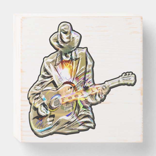 Blues Guitarist – Feel the Music Art Wooden Box Sign (Front Horizontal)