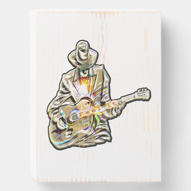 Blues Guitarist – Feel the Music Art Wooden Box Sign (Front Vertical)