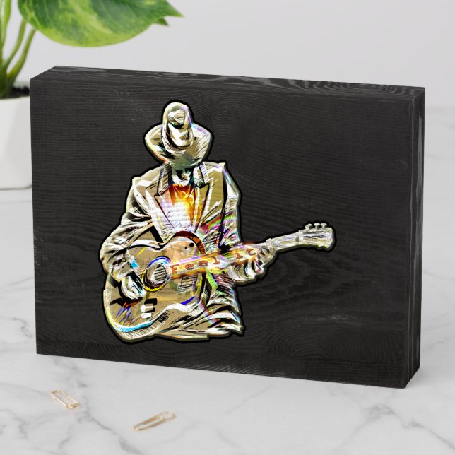 Blues Guitarist – Feel the Music Art Wooden Box Sign (In Situ Horizontal)