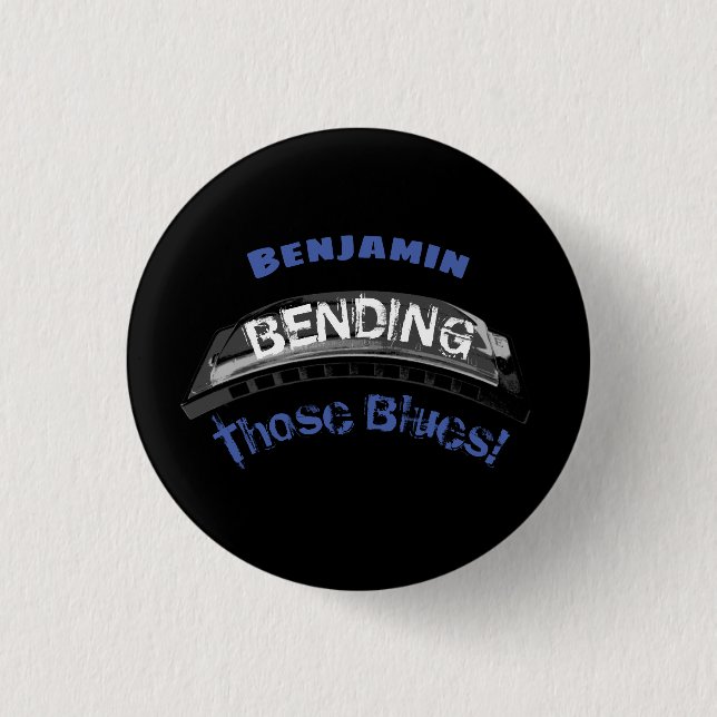 Blues harmonica player bending humour musician button (Front)