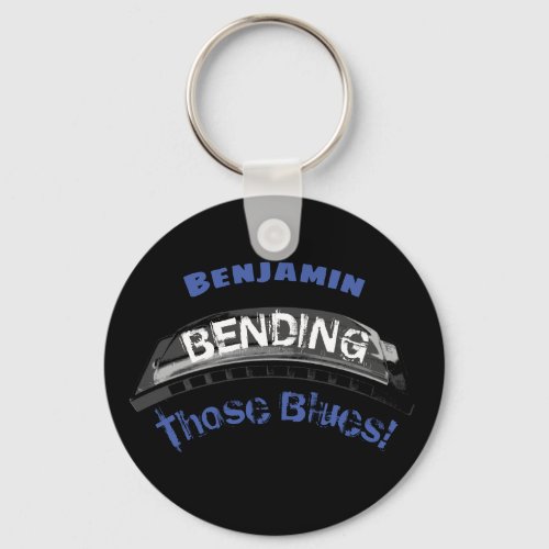 Blues harmonica player bending humour musician keychain