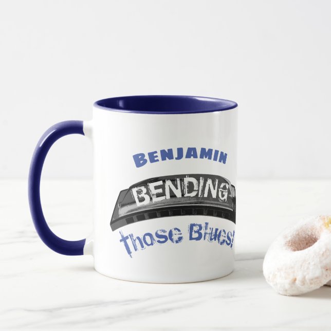 Blues harmonica player bending humour musician mug (With Donut)