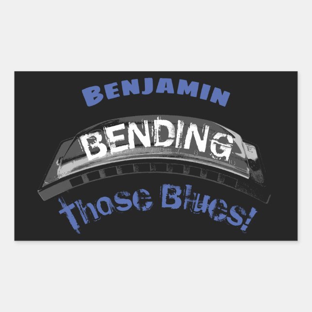 Blues harmonica player bending humour musician rectangular sticker (Front)