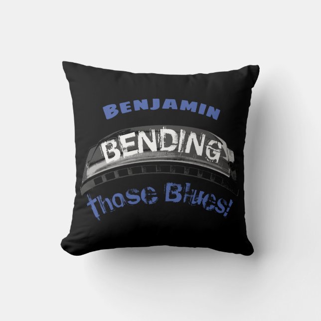 Blues harmonica player bending humour musician throw pillow (Front)