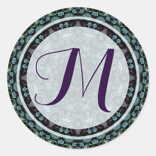 Blues Kaleidoscope Monogram Round Sticker, Glossy Classic Round Sticker (Front)