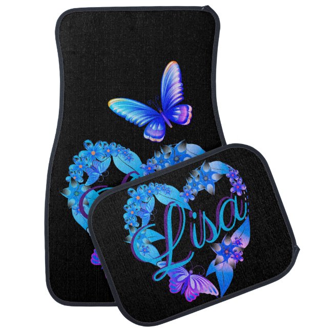 Blues. Lavenders Heart Wreath w/Butterflies/Black Car Floor Mat (Set)