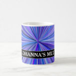 [ Thumbnail: Blues & Purples Line Burst Pattern + Custom Name Coffee Mug ]