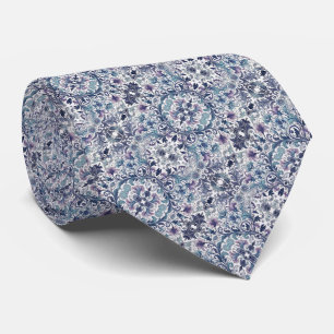 Blues, Purples, Teal & White Floral Pattern Neck Tie