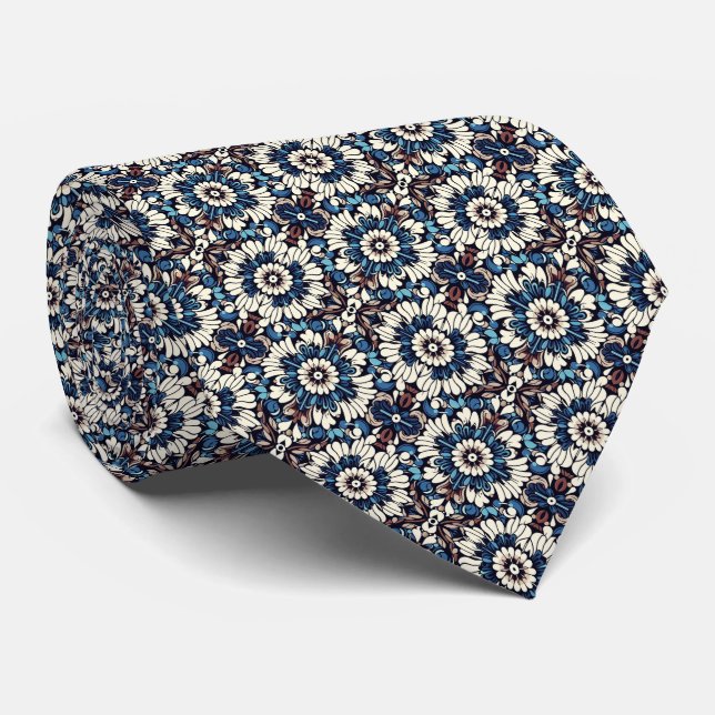 Blues, Saddle Brown, Tan, Black & Cream Floral Pat Neck Tie (Rolled)