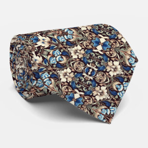 Blues, Sage, Cream, Brown & Black Floral Pattern Neck Tie