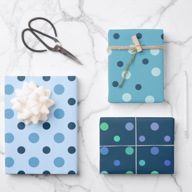 Blues with Dots Complementary Set of 3 Assorted  Wrapping Paper Sheets (Front)