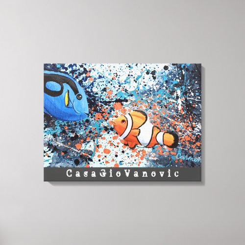 BlueTangClownFish Splatter Art by CasaGioVanovic Canvas Print