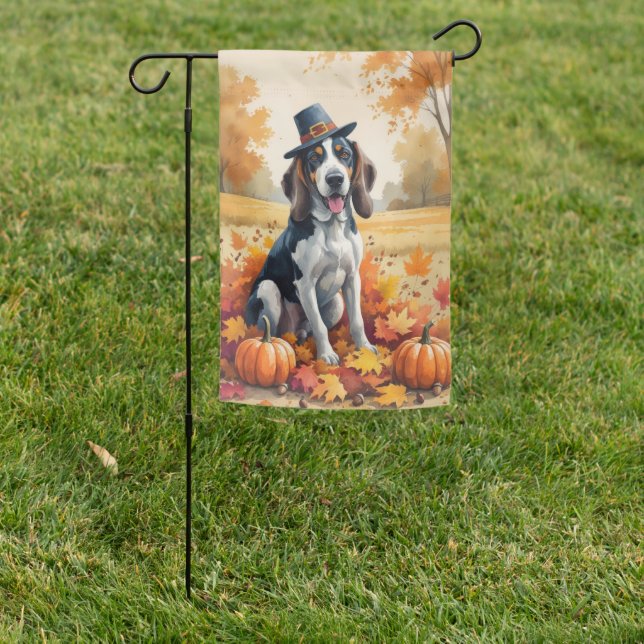 Bluetick Coonhound Autumn Leaves Thanksgiving Art Garden Flag (In SItu)