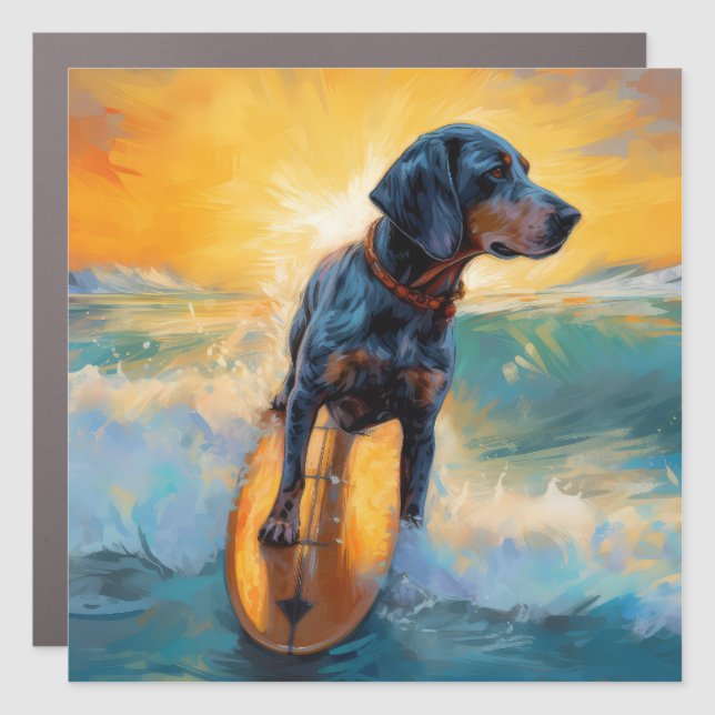 Bluetick Coonhound Beach Surfing Painting  Car Magnet (Front)