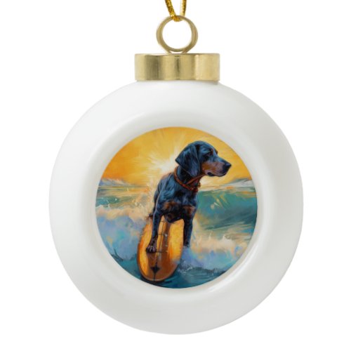 Bluetick Coonhound Beach Surfing Painting  Ceramic Ball Christmas Ornament