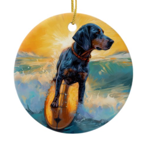 Bluetick Coonhound Beach Surfing Painting  Ceramic Ornament