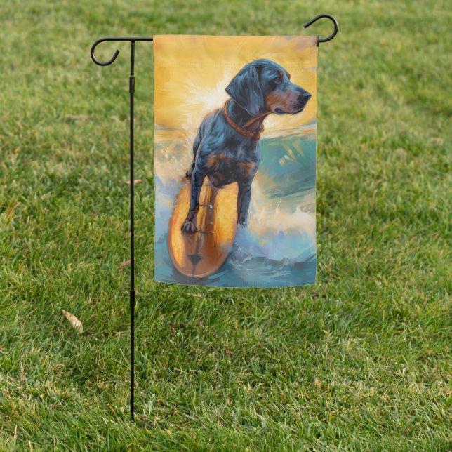 Bluetick Coonhound Beach Surfing Painting  Garden Flag (In SItu)