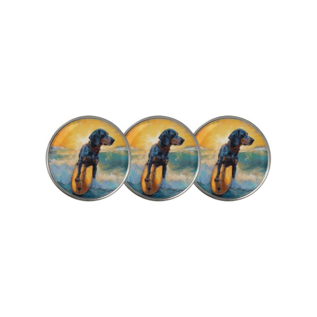 Bluetick Coonhound Beach Surfing Painting  Golf Ball Marker (3 Up)